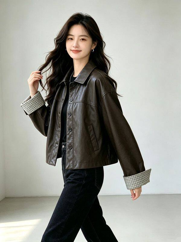 Áo khoác da PU nữ dáng ngắn cổ bẻ, phong cách Hàn Quốc, thời trang casual, dáng rộng, dễ phối đồ, retro, mùa thu — Màu nâu cà phê, màu đen chi tiết 2