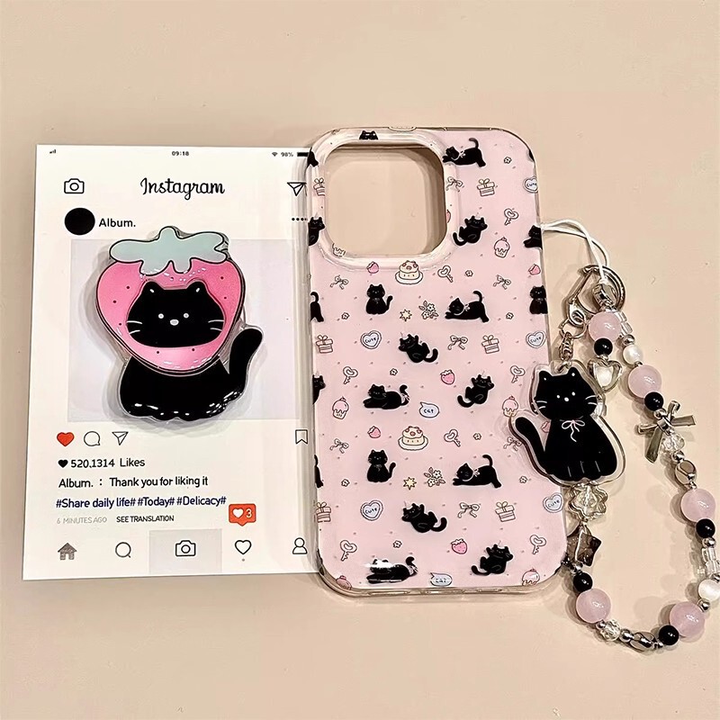 Korean-Style Strawberry Little Black Cat Stand Chain Suitable for iPhone 17 Full-Cover Apple 16 Phone Case 15 New Model 14 Korean-Style Strawberry Little Black Cat Stand Chain Suitable for iPhone 17 Full-Cover Apple 16 Phone Case 15 New Model 14