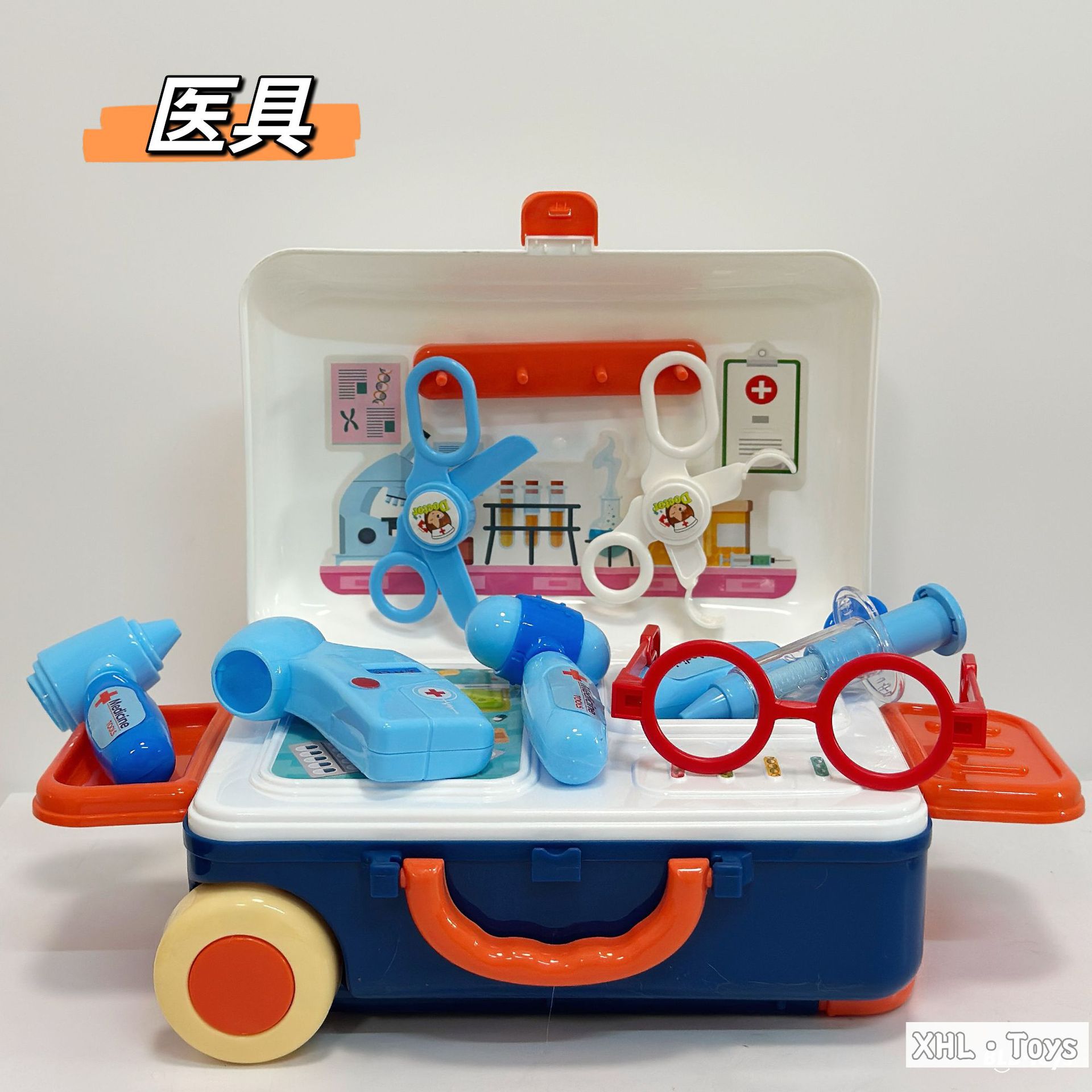 Caja trolley de juegos para bebés transfronterizos/comida de simulación portátil de doble uso Cocina Doctor Herramientas Maquillaje Utensilios de cocina Juguetes