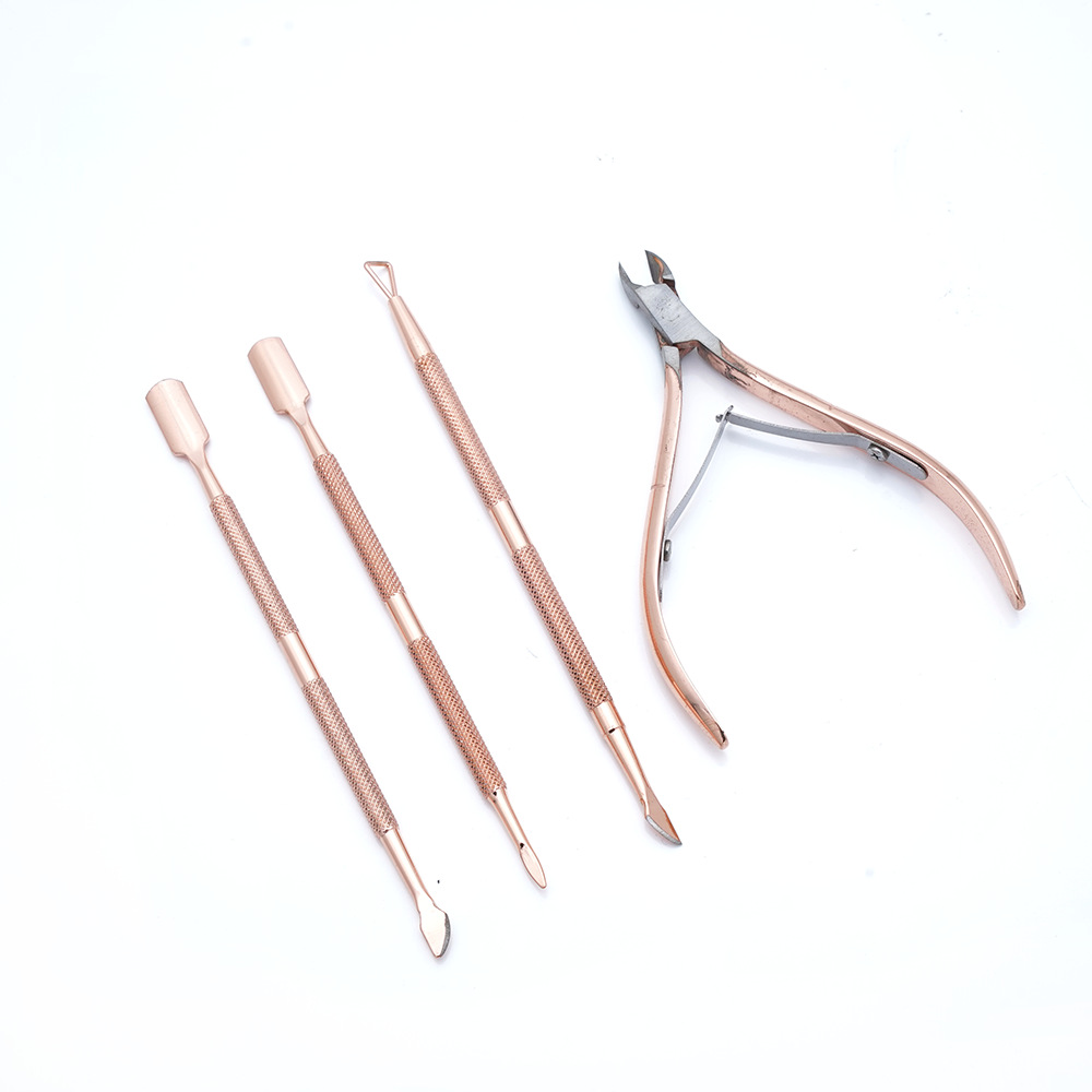 Manicura, manicura, removedor de uñas, juego de tres piezas, corte de piel muerta de acero inoxidable, tamaño, juego de empuje de acero de doble cabezal, fábrica al por mayor