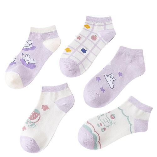  New Women's Spring and Summer Thin Cotton Ship Socks, Fresh Purple Breathable Low Top Short Socks, Japanese and Korean Women's Socks