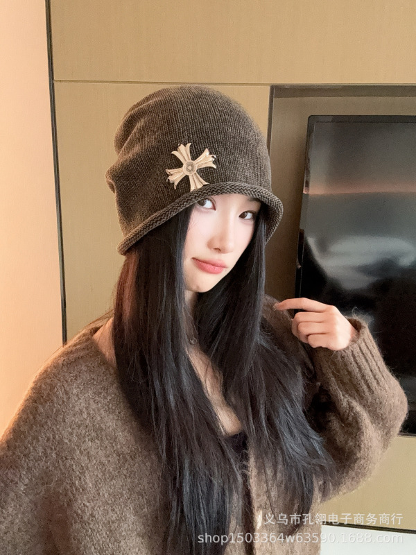 韩版ins风卷边十字架堆堆帽女秋冬保暖防风显脸小针织帽百搭冷帽|undefined