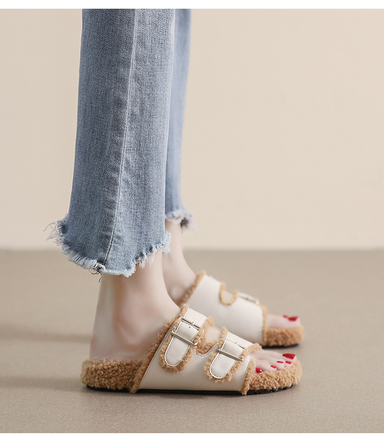 Girl Fur Slippers Women S Outerwear Autumn And Winter One Word Belt Plus Fleece Cotton Shoes To Keep Warm Net Red Large Size_voghion.com