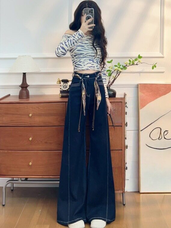 Quần jean nữ ống loe cạp cao co giãn, denim lót lông cừu mùa đông — Màu xanh vàng đen kéo dài, Quần xanh đen vàng, Retro màu xanh chín điểm, Vàng đen xanh chín điểm