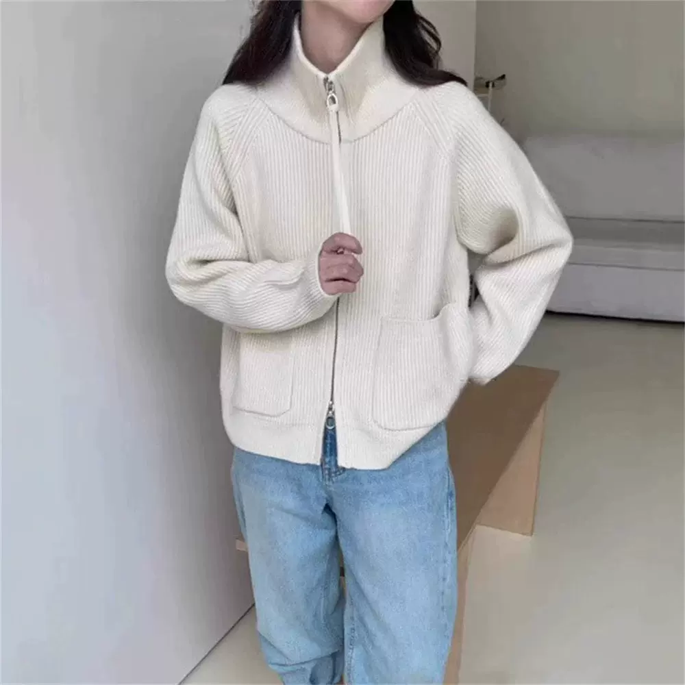 2025韩系休闲立领双拉链针织开衫女秋冬新款宽松慵懒外搭毛衣外套