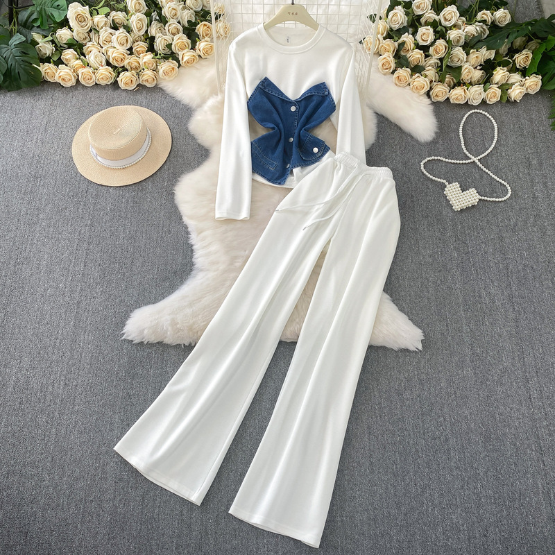 Carefully Selected Korean Chic Fashionable Fake Two-Piece Spliced ​​Denim Long-Sleeved T-Shirt Tops Casual High-Waisted Slimming Look Wide-Leg Pants