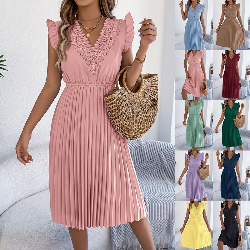 2026 Spring/Summer European and American Casual Lace V-Neck Ruffled Waist-Cinching Pleated Dress Amazon Cross-Border Women's Clothing