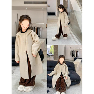 Women's Treasure Woolen Coat Western Style Girls' Hooded Woolen Coat Quilted Mid-length Woolen Coat Han Fan Children's Wear Cotton-padded Coat