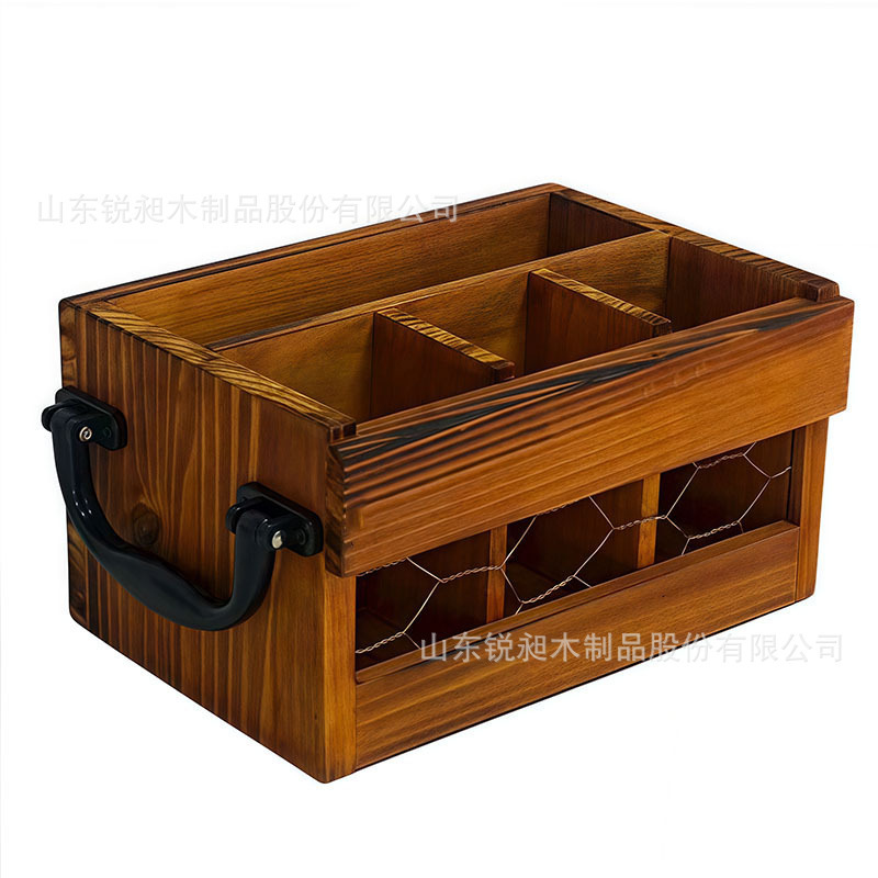 木质餐具收纳盒复古带把手刀叉筷子整理盒实木分格式调料刀叉盒|undefined