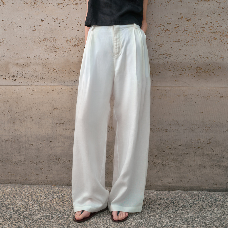 Linen Lyocell Solid Color Wide-Leg Pants for Women, Breathable and Drapey, with Side Pockets, Casual Pants, Retro Style, High-Waisted Straight-Leg Pants