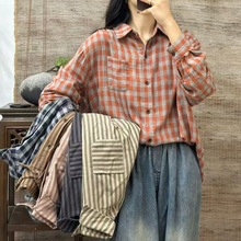 文艺双层棉纱小格子衬衫女长袖春秋百搭棉纱布打底衬衣女装
