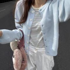 软糯感浅蓝色女针织毛衣外套2025秋季新款简约高级感慵懒风短外套