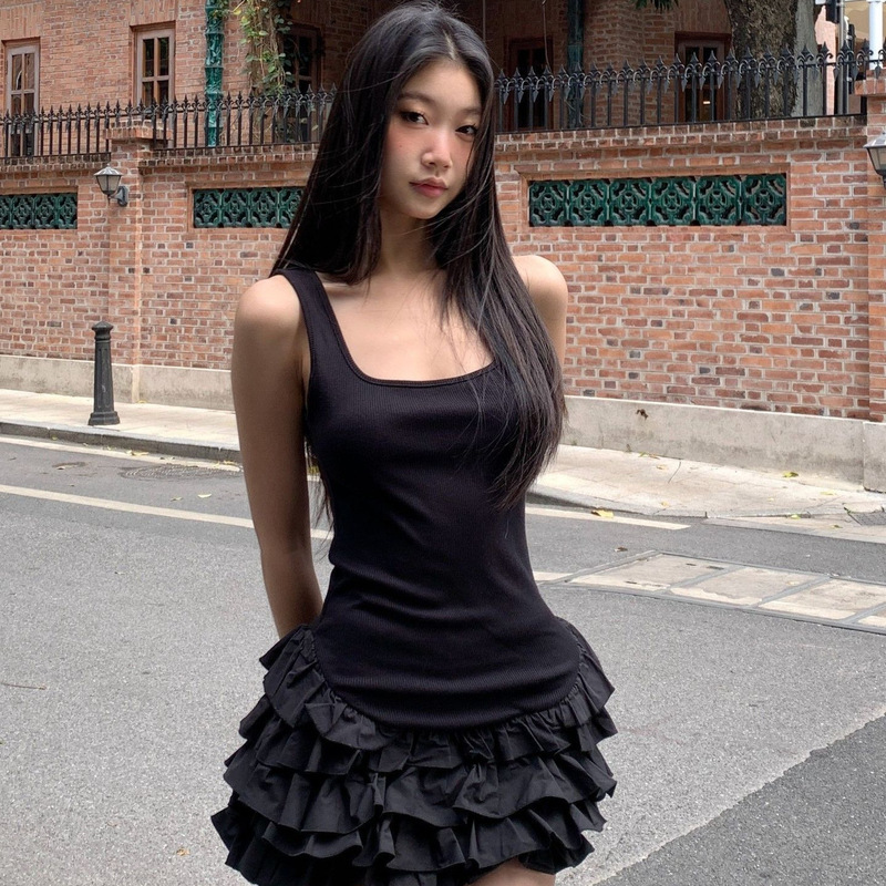 New Spring Style Beautiful and Sweet Little Black Dress, Black Spaghetti Strap Tiered Dress for Women, 2026A A-Line Waist-Cinching Short Dress