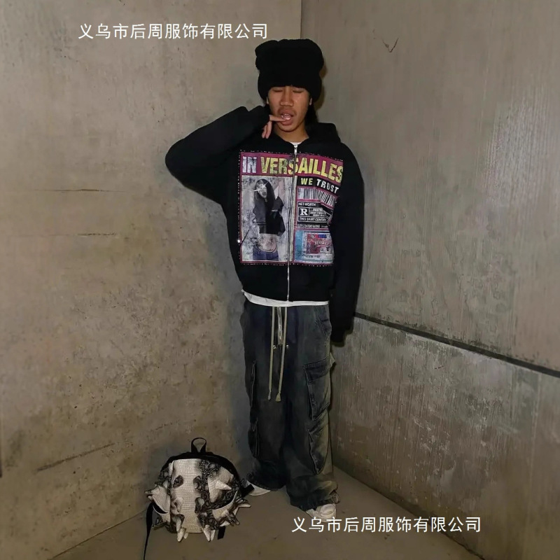 Cross-Border Street Style Y2K Fashion Printed Zip-Up Hoodie Harajuku Style Hip-Hop Loose Zip-Up Sweatshirt