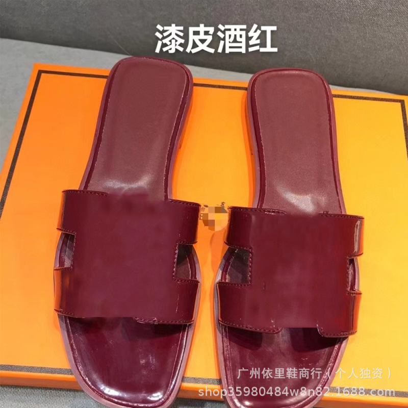 跨境h拖百搭拖鞋H家经典款一字型平底羊皮纹掌纹漆皮女式凉鞋休闲|undefined
