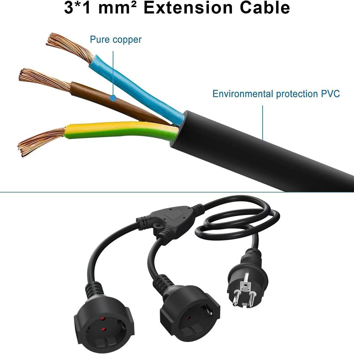 工厂直销欧规一拖二防水延长线 一分二电源插头法式插座欧式电线