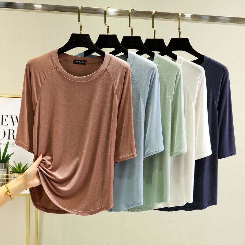 Modal Mid-Sleeve T-Shirt for Women, Spring and Summer Thin Round Neck Bottoming Shirt, Versatile Loose Large Size Western Style Top