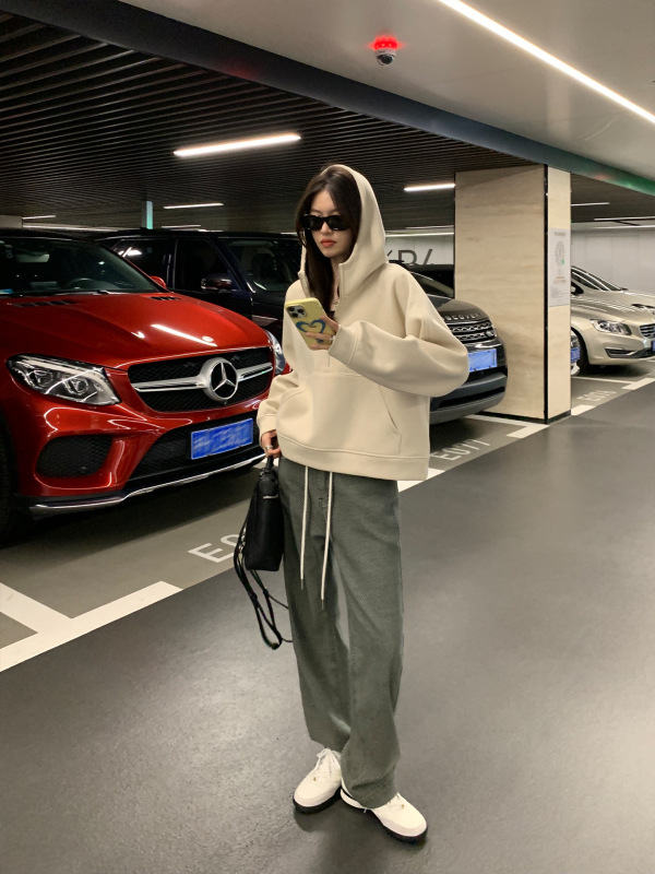 阿一 半拉链纯色短款卫衣女秋季新款宽松休闲灰色美式连帽外套|undefined