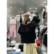 2025韩国东大门代购斜肩荷叶边露肩不对称吊带紧身T恤上衣女甜辣