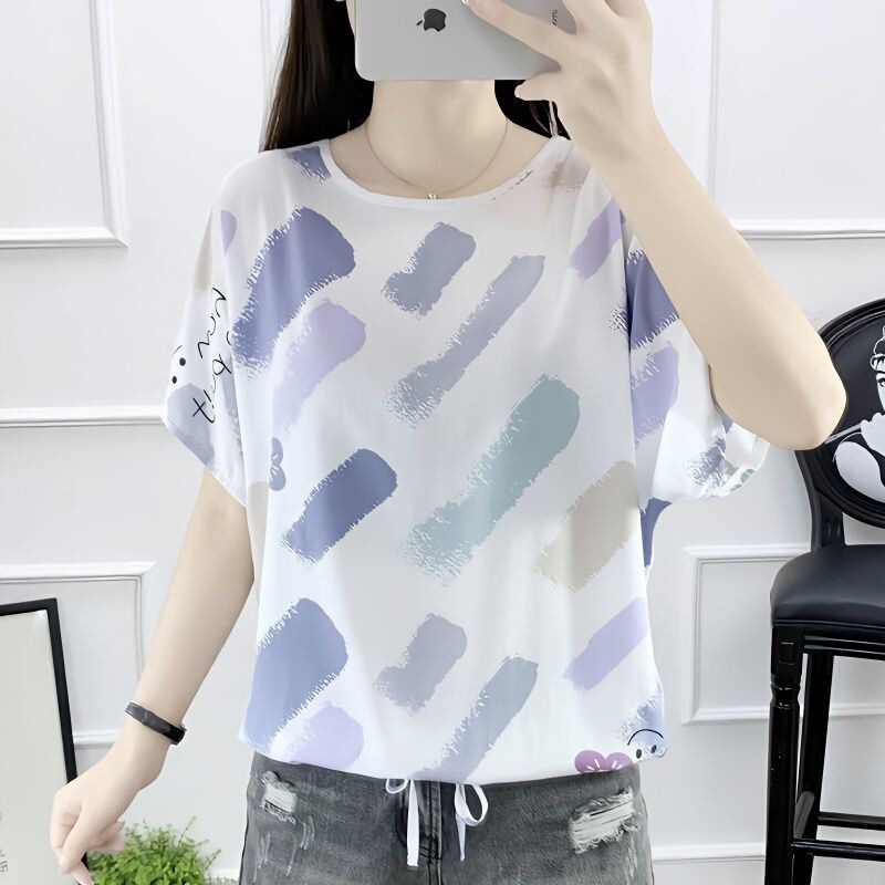 2026 Summer Cotton Silk Shirt for Women, Short-Sleeved, Korean Style, Waist-Cinching, Round-Neck Cotton Silk Top, Women's Rayon Shirt