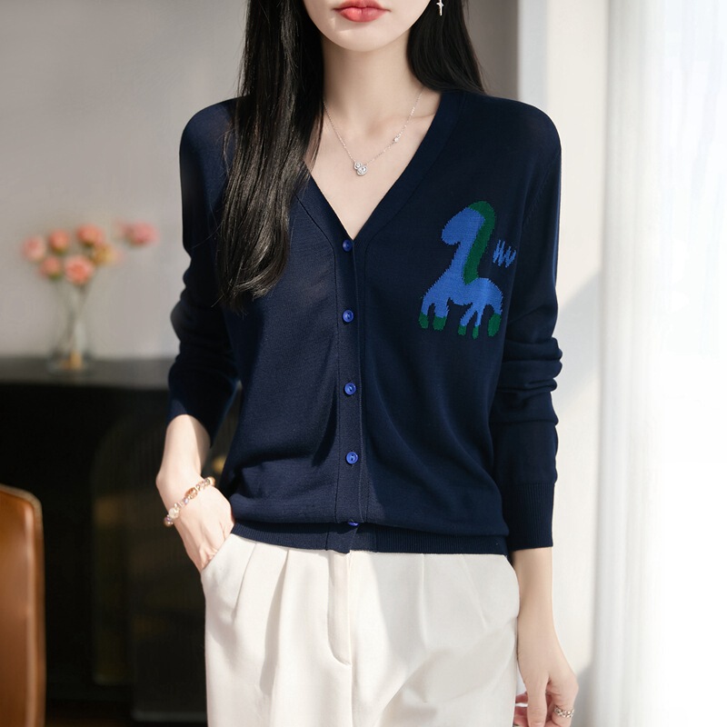 Tencel Lyocell V-neck Knit Cardigan for Women with Pony Embroidery, Loose Long Sleeve, Round Neck, Spring/Autumn 2026 New Style Coat Tencel Lyocell V-neck Knit Cardigan for Women with Pony Embroidery, Loose Long Sleeve, Round Neck, Spring/Autumn 2026 New Style Coat
