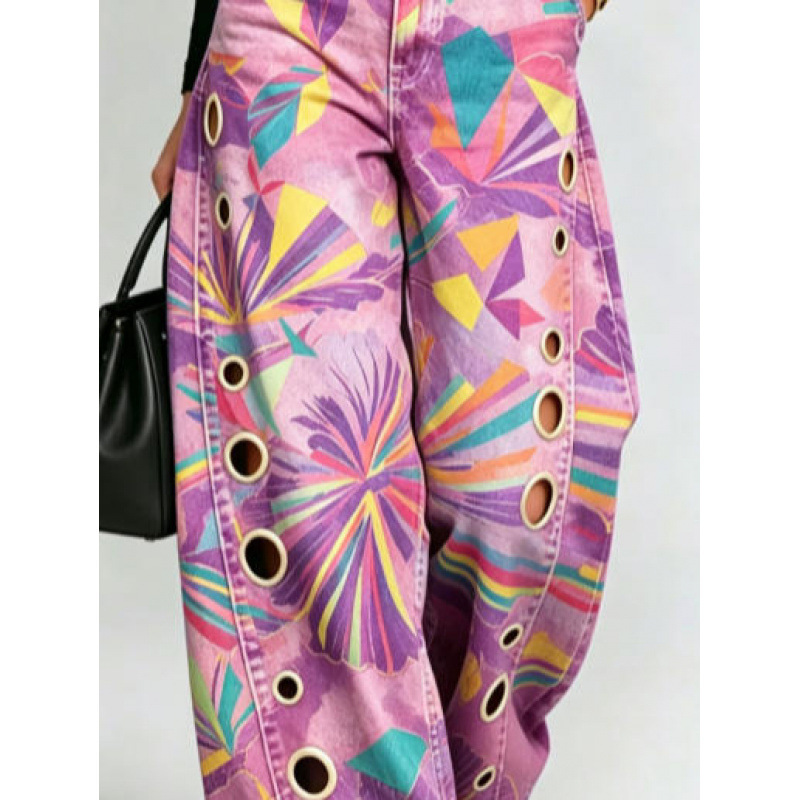 European Export Size Printed Ring-Shaped Wide-Leg Pants, European and American Style High-Waisted Drapey Floor-Length Faux Denim Trousers, One Piece Available European Export Size Printed Ring-Shaped Wide-Leg Pants, European and American Style High-Waisted Drapey Floor-Length Faux Denim Trousers, One Piece Available