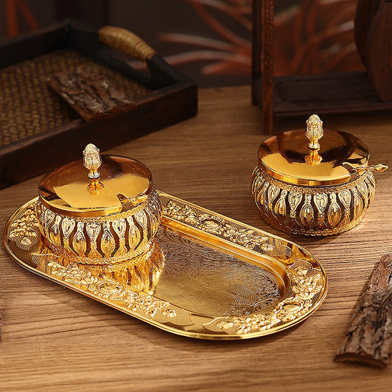 Wrought Iron Glass Seasoning Jar suit Hollow European Style Seasoning Soy Sauce Storage Box Metal Salt Jar with Lid Sugar Cup suit