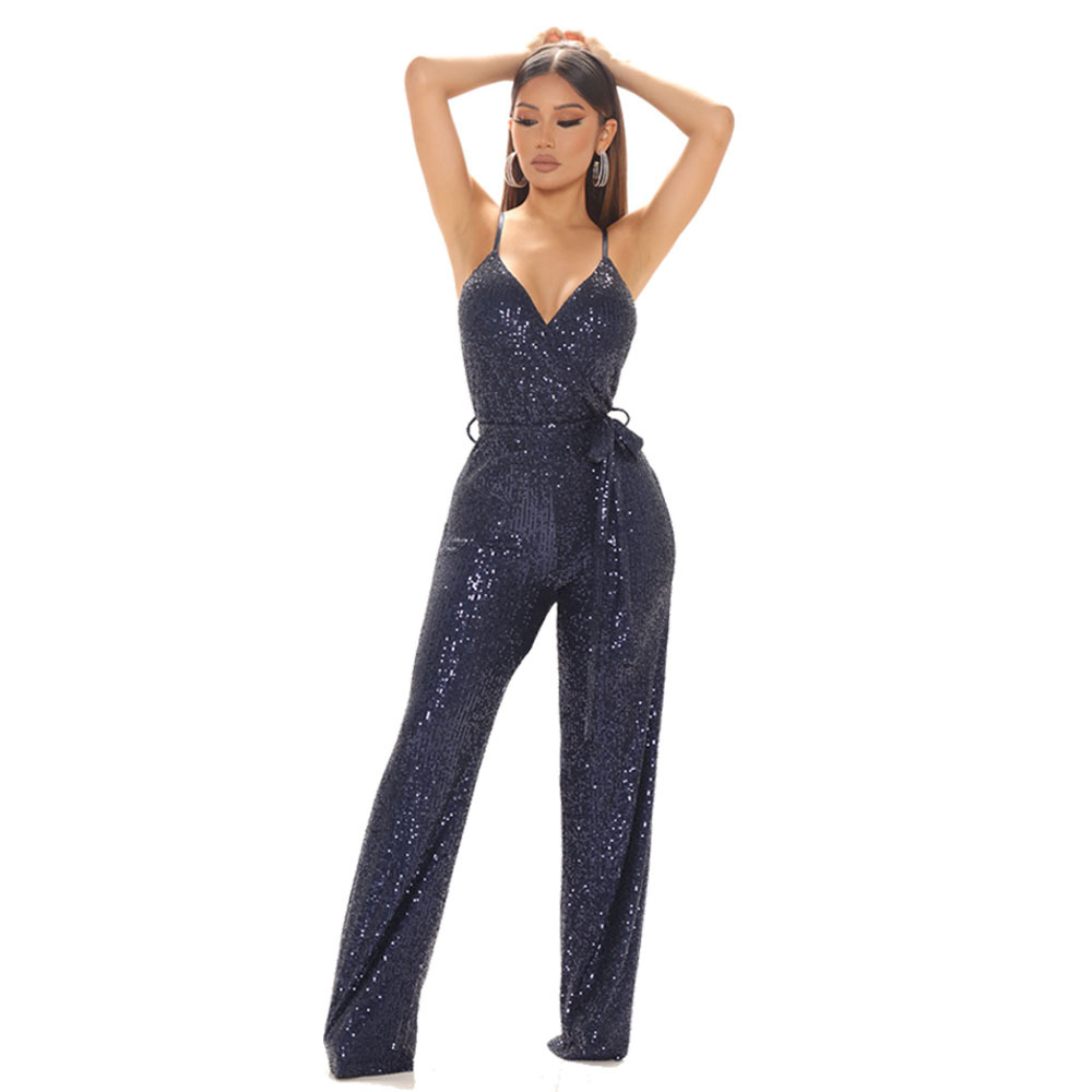 sexy solid color sequined sleeveless v-neck belted backless prom sling jumpsuit NSDLY118700