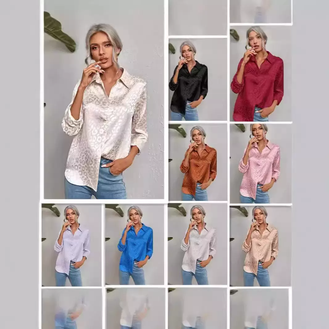 欧美跨境女装2024秋季新款翻领开扣豹纹提花衬衫亚马逊款长袖衬衫