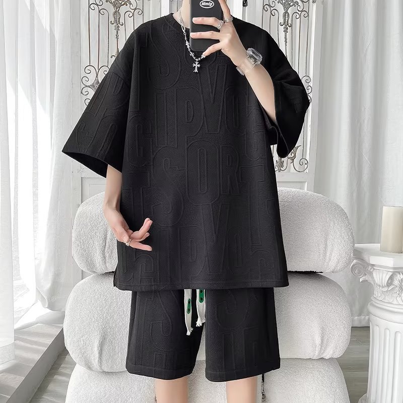 Camiseta de manga corta con gofres de letras para hombres, marca de moda de verano, traje de media manga de gran tamaño suelto