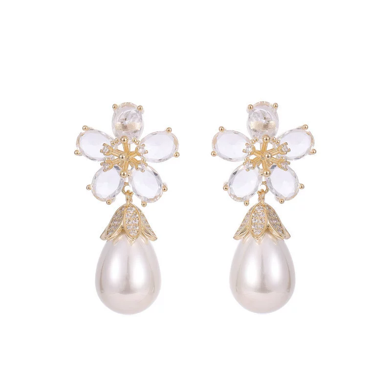 Retro earrings, elegant silver needle, zirconium from pearl, French retro style, silver 925 sample, flowered