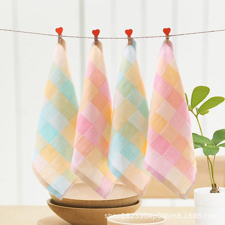 Double-layer gauze small square towel color plaid baby kindergarten children's saliva towel face towel