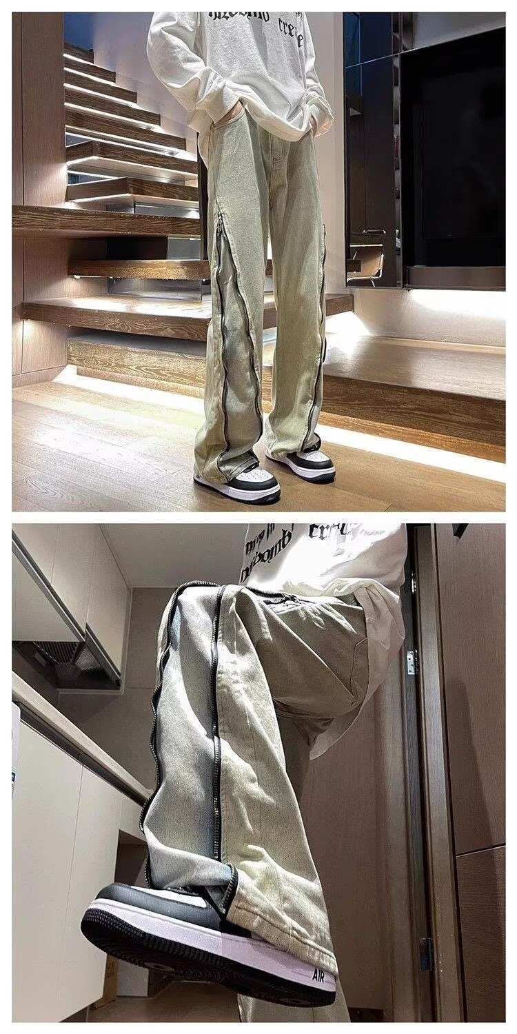Retro High Street Washed Yellow Mud Dyed Jeans Slim Fit Straight Leg Flattering Drape for Men And Women_mkmklike.com