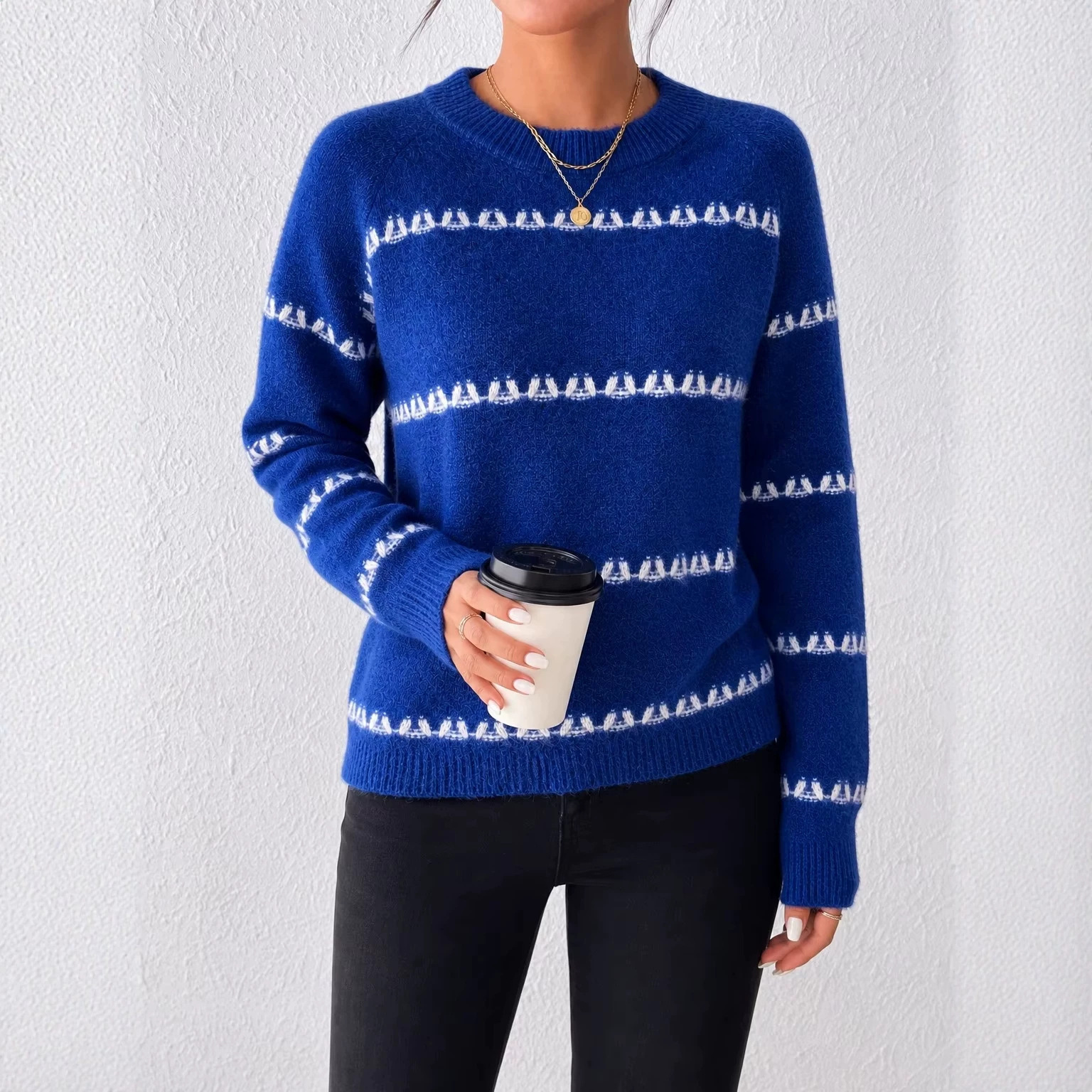 European and American retro contrasting jacquard round neck sweater for women autumn and winter new loose lazy style striped sweater top