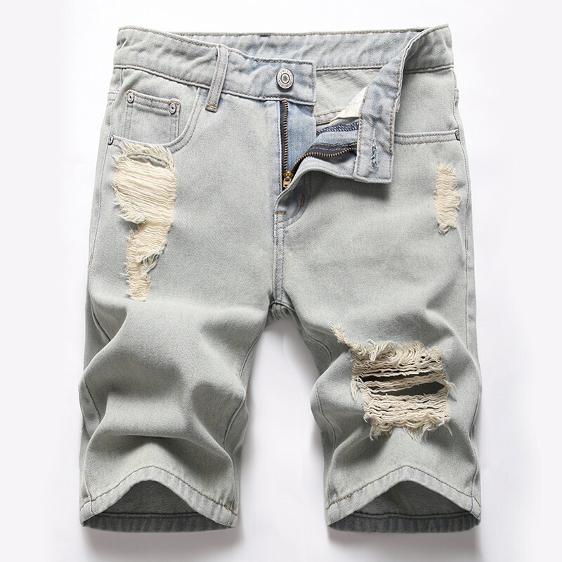 2022 Trendy Men's Denim Shorts European and American Style Ripped New Denim Shorts Retro Large Size Summer Men's Cross-Border Shorts