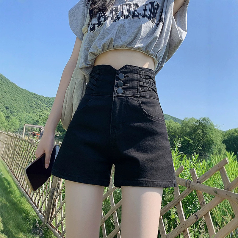 Elastic Black Denim Shorts for Women, Summer Plus-Size, with Buttons, Tummy Control, Super High Waist, Wide-Leg A-Line Hot Pants