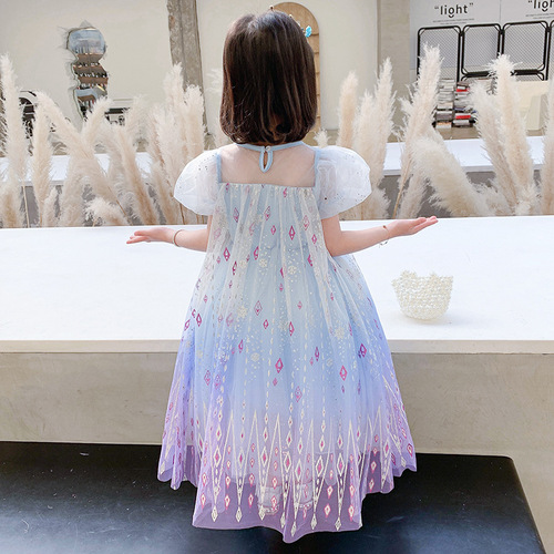 Elsa Princess Dress 2024 Children's Summer New Elsa Medium Long Colorful Flowing Sand Girls' Summer Net Dress