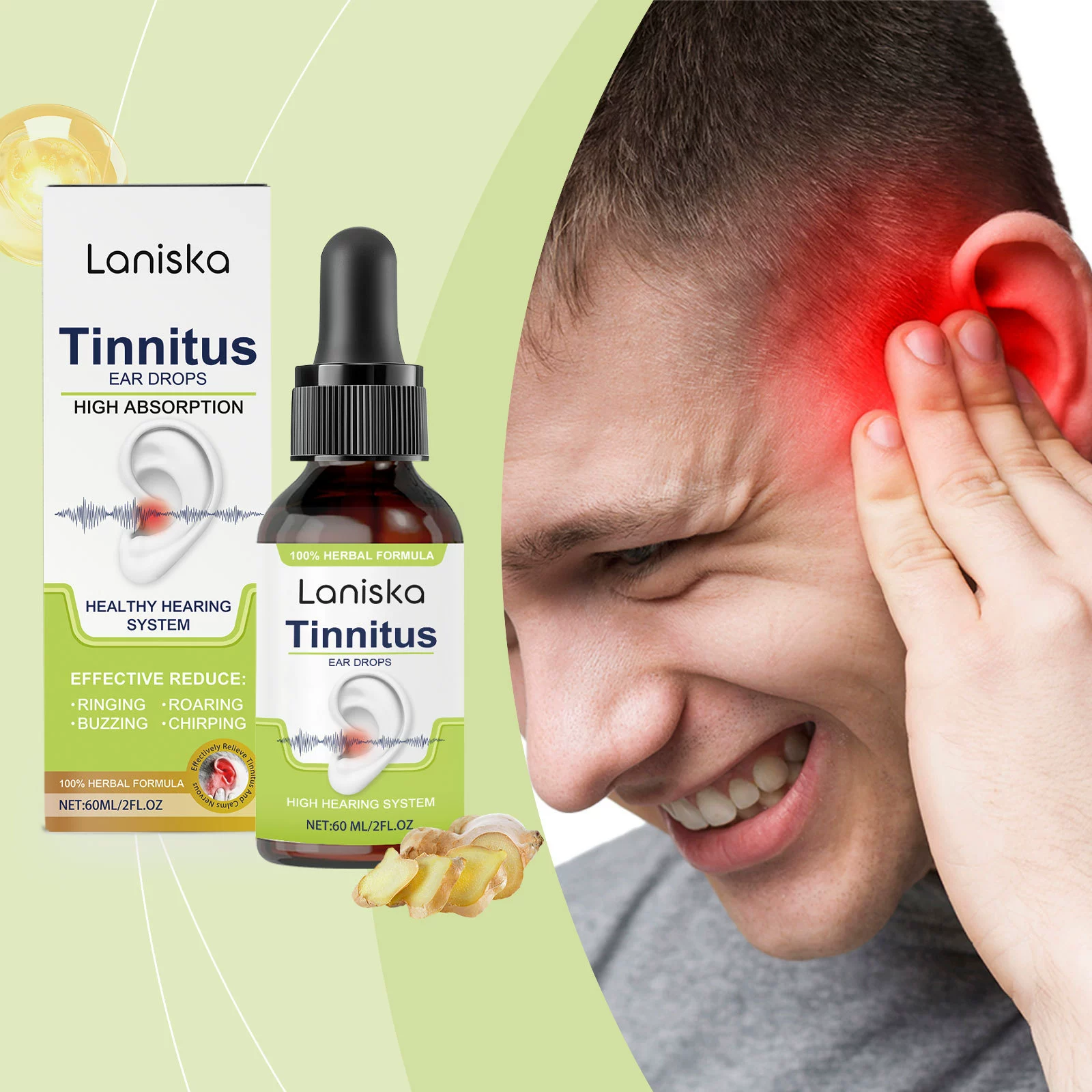 Laniska Tinnitus Care Agent снимает шум в ушах. Нежный уход. Очищает дискомфорт в ушах. Массажный уход. Средство для ушей.