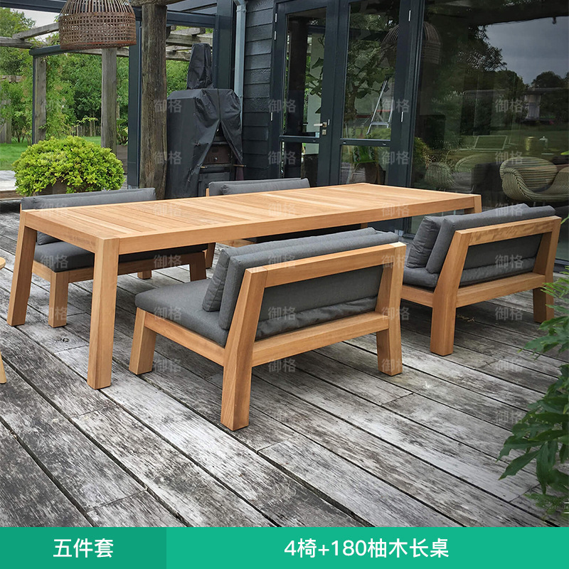 Mesa y silla de teca al aire libre patio al aire libre jardín impermeable muebles de ocio villa diseñador de protección solar mesa larga de madera maciza