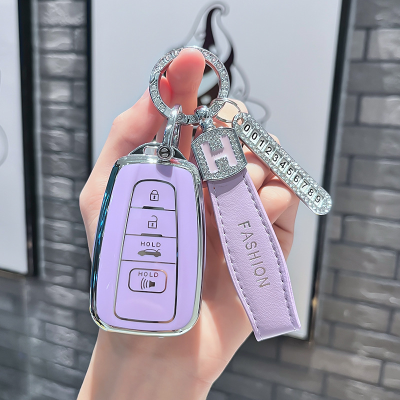 토요타 P 모델 - 스마트 4버튼 스피커 [싱글 쉘 퍼플] + 퍼플 H 가죽 로프 다이아몬드 버클 + 실버 번호판