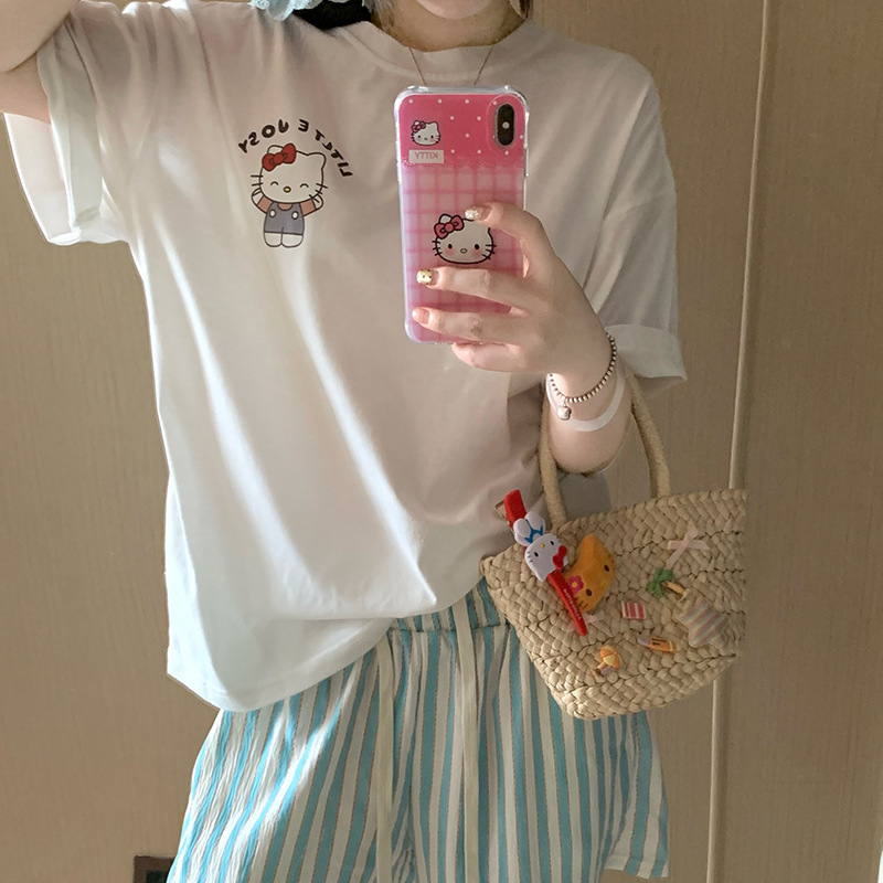 Ins Cute KT Cat Cotton Pajamas Women's Summer Pullover Short Sleeve Shorts Cartoon Plaid Striped Home Clothes suit