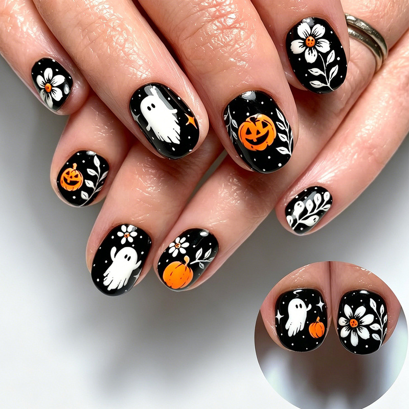 European and American Style 24-Piece Short Almond-Shaped Wearable Nails Halloween Series Pumpkin Ghost White Flower Nail Stickers