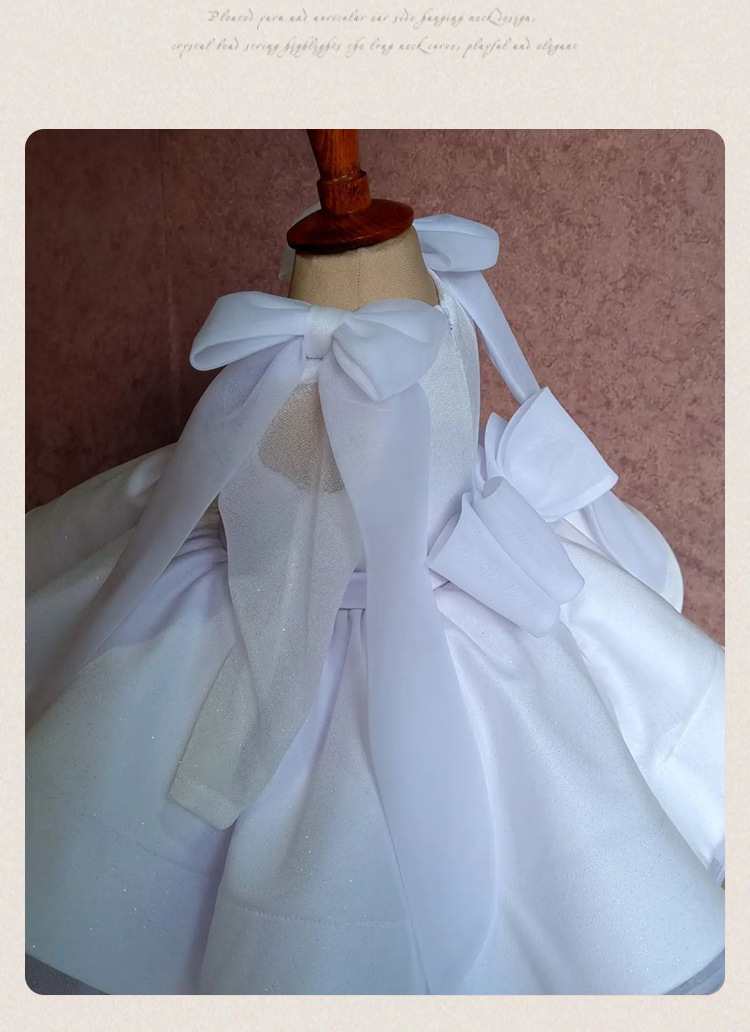 Vestido de cetim branco para menina com laço e tutu princesa_voghion.com