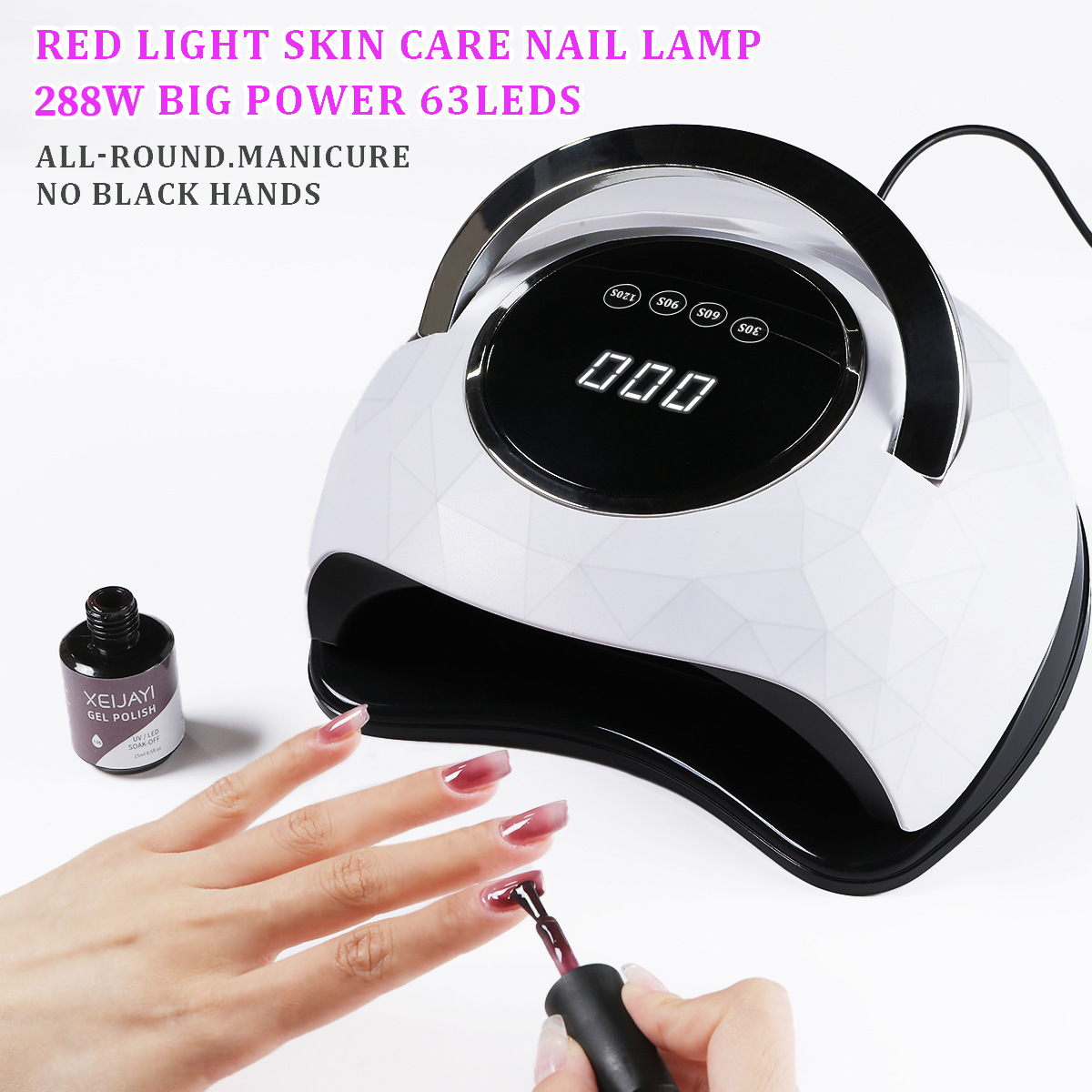 Lámpara de diamante 288W máquina de fototerapia de secado rápido de uñas 63 perlas de lámpara de alta potencia pegamento para hornear rápido