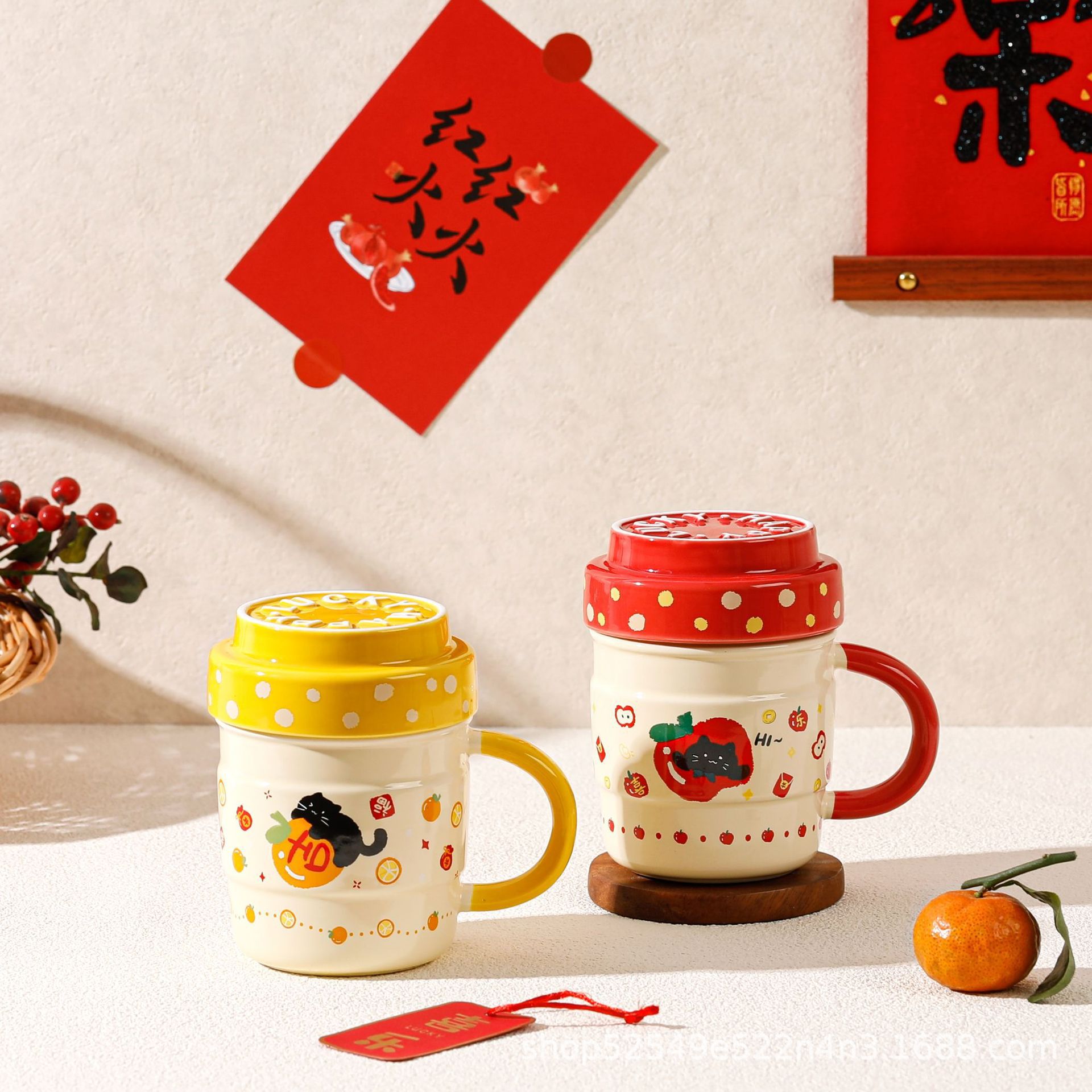 Cute con tapa manzana gatos tazas de cerámica creativas de gran capacidad de oficina pareja tazas de regalo de cumpleaños para hombres y mujeres