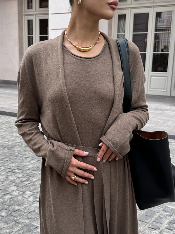 Bộ đầm dài kèm áo cardigan dệt kim dài tay nữ — Màu cà phê đậm, Màu hồng, Màu trắng, Màu xám chi tiết 128