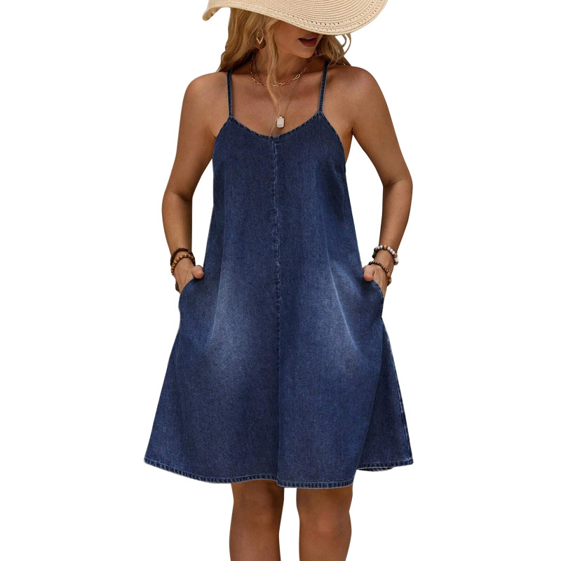 Women's Relaxed Style Denim Suspender Dress Casual Summer Clothing 218590 Cross Border Factory Direct Sales Regular Size_ecoleips.com