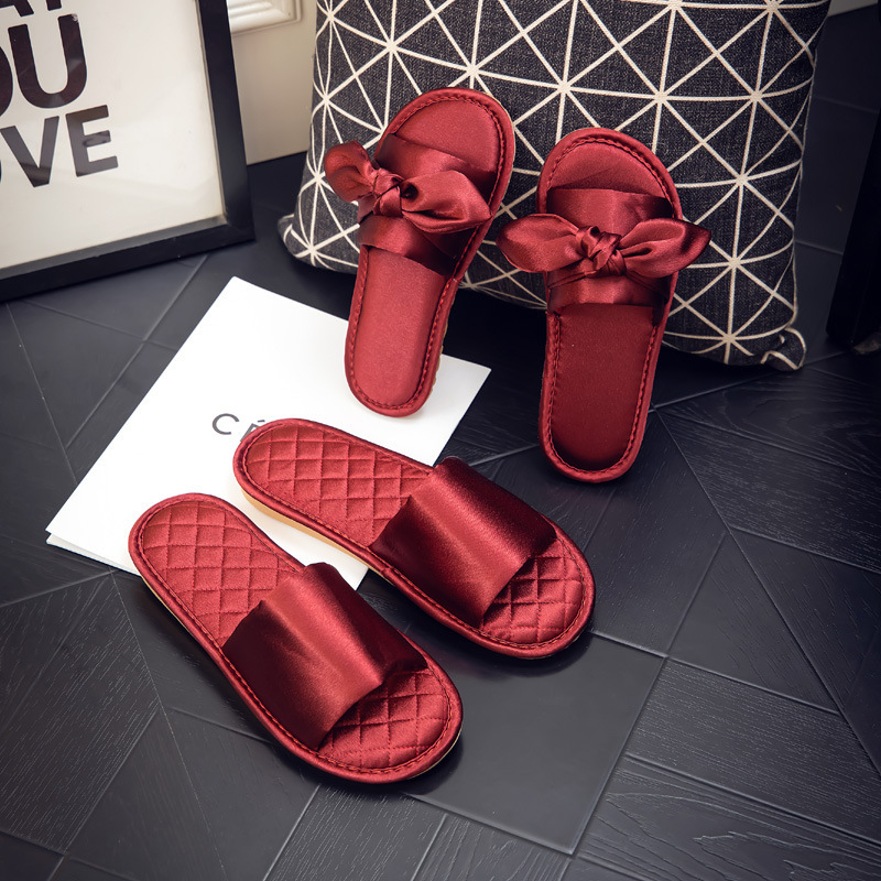 Newlywed Wedding Room Slippers, Bridal Dressing Gown Slippers, Festive Red Satin with Rubber Sole, High-End Luxury