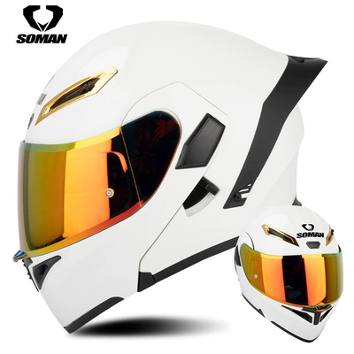 Motosiklet kaskı (dəbilqə) | motorcycle full helmet double lens - pearl-white-with-revo-red-gold-s