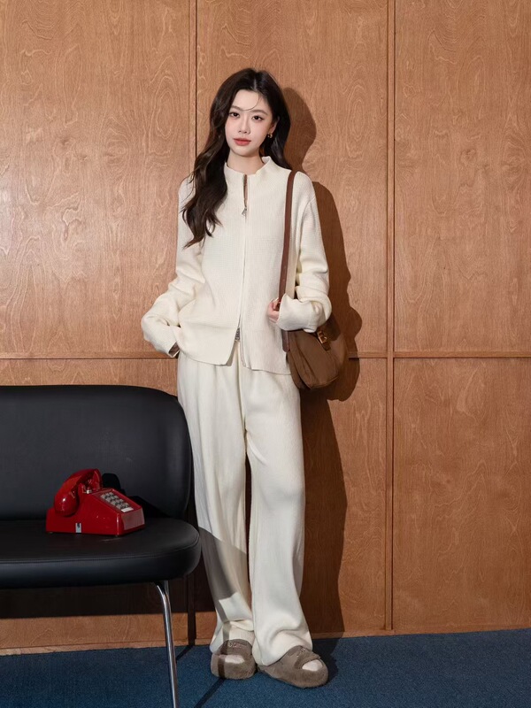 纯色慵懒风毛衣外套+针织阔腿裤两件套2025秋冬新款毛衣套装女潮|undefined